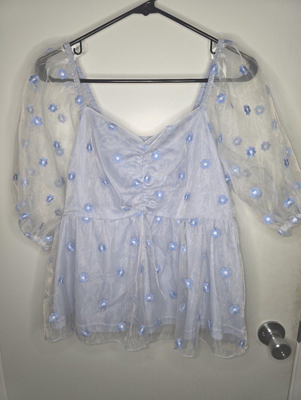 Arula Light Blue Mesh Floral Peplum Puff Sleeve Blouse Size X Cottagecore